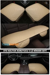 Kapitone Bej-Krem Deri Oto Koltuk Minderi Üçlü Set