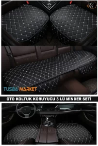 Kapitone Siyah-Beyaz Deri Oto Koltuk Minderi Üçlü Set