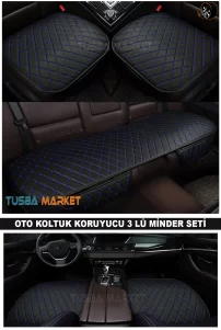 Kapitone Bej-Krem Deri Oto Koltuk Minderi Üçlü Set – Siyah-Mavi