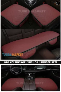 Kapitone Bordo Deri Oto Koltuk Minderi Üçlü Set