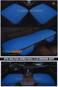 Kapitone Mavi Deri Oto Koltuk Minderi Üçlü Set