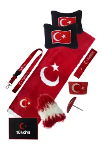 Kırmızı Türk Bayraklı Pelüş Torpido Koruma Halısı & Örtüsü / Siyah Polar Oto Araç Yastık & Aksesuar