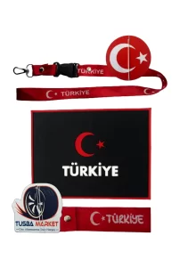 Türk Bayraklı Torpido Üstü Kaydırmaz Ped / Oto Ayna Askısı & Anahtarlıklı Ayna ipi & Tampon Dili