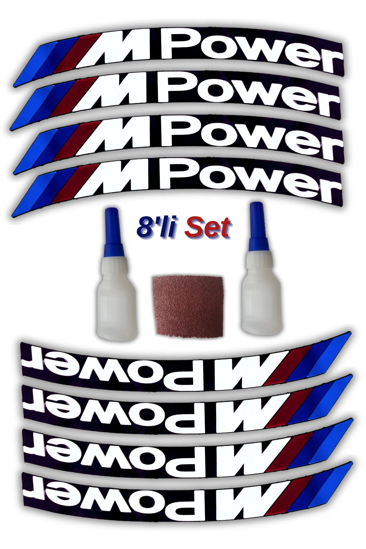 M Power Otomobil Motosiklet 3D Lastik Jant Yazısı Arma Sticker Şerit | Beyaz _ 8’Lİ Set